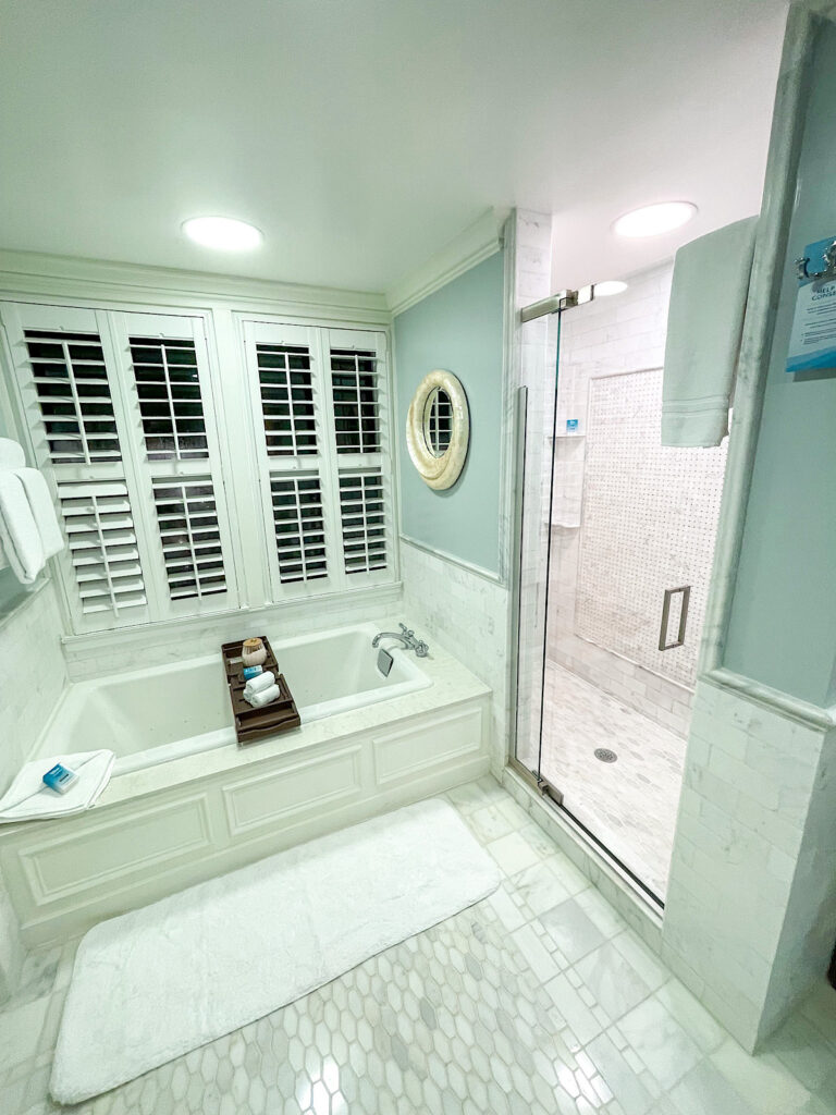 Shower and bathtub in the Primary bedroom of the Newport Suite.