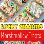 A photo collage of Lucky Charms marshmallow treats.