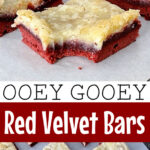 Picture collage of ooey gooey red velvet bars.