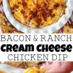 Warm crack chicken dip topped with cheese and bacon.