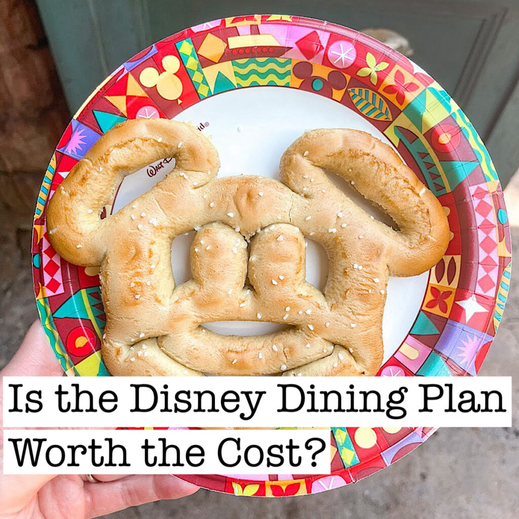 A Mickey Mouse-shaped pretzel with text, "Is the Disney Dining Plan Worth the Cost?"