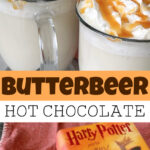 A picture collage of butter beer hot chocolate.