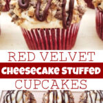 A picture collage of red velvet cheesecake stuffed cupcakes.