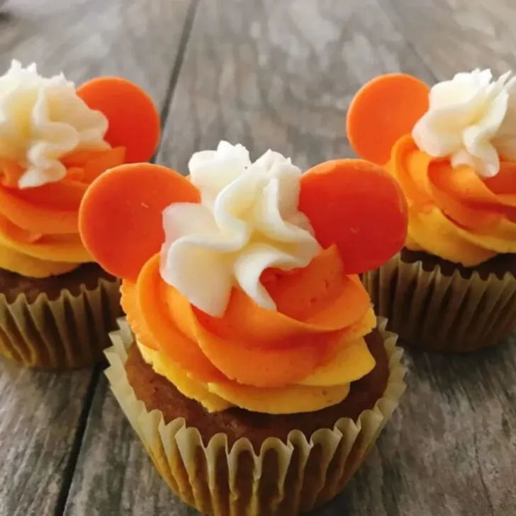 Three Mickey Mouse Halloween cupcakes.