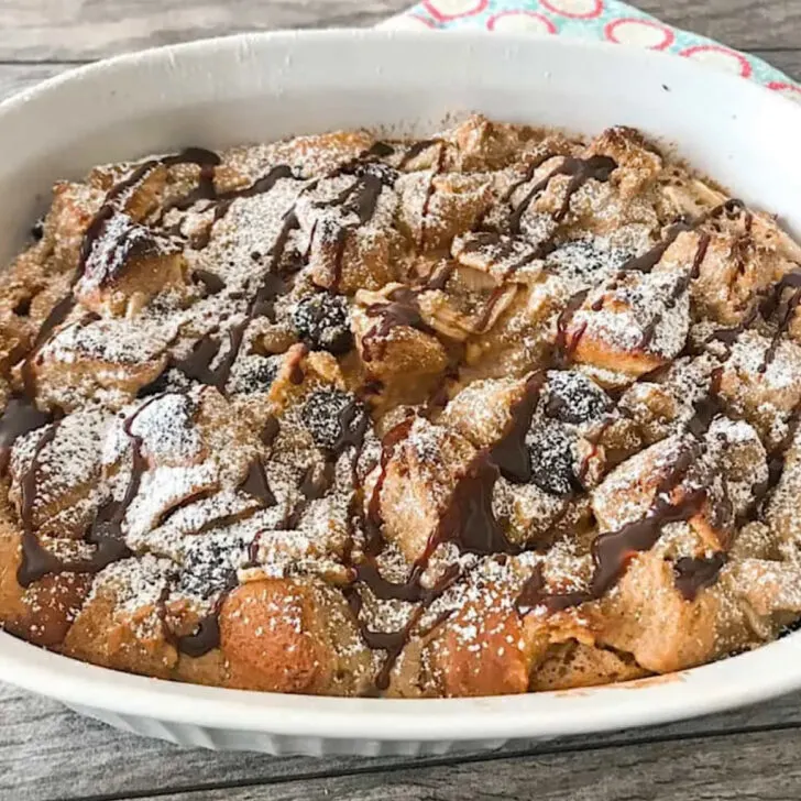 Chocolate Peanut Butter Banana French Toast casserole in a baking dish.