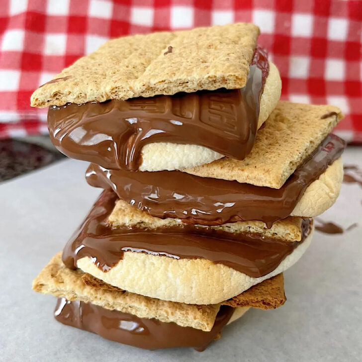 Three air fryer s'mores stacked on top of each other.