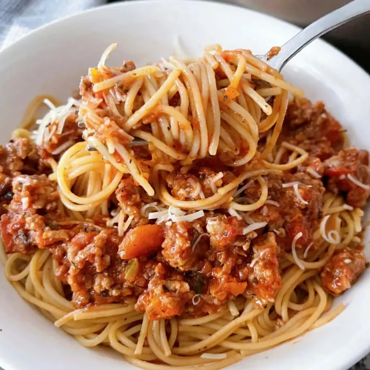 A bowl of spaghetti bolognese.