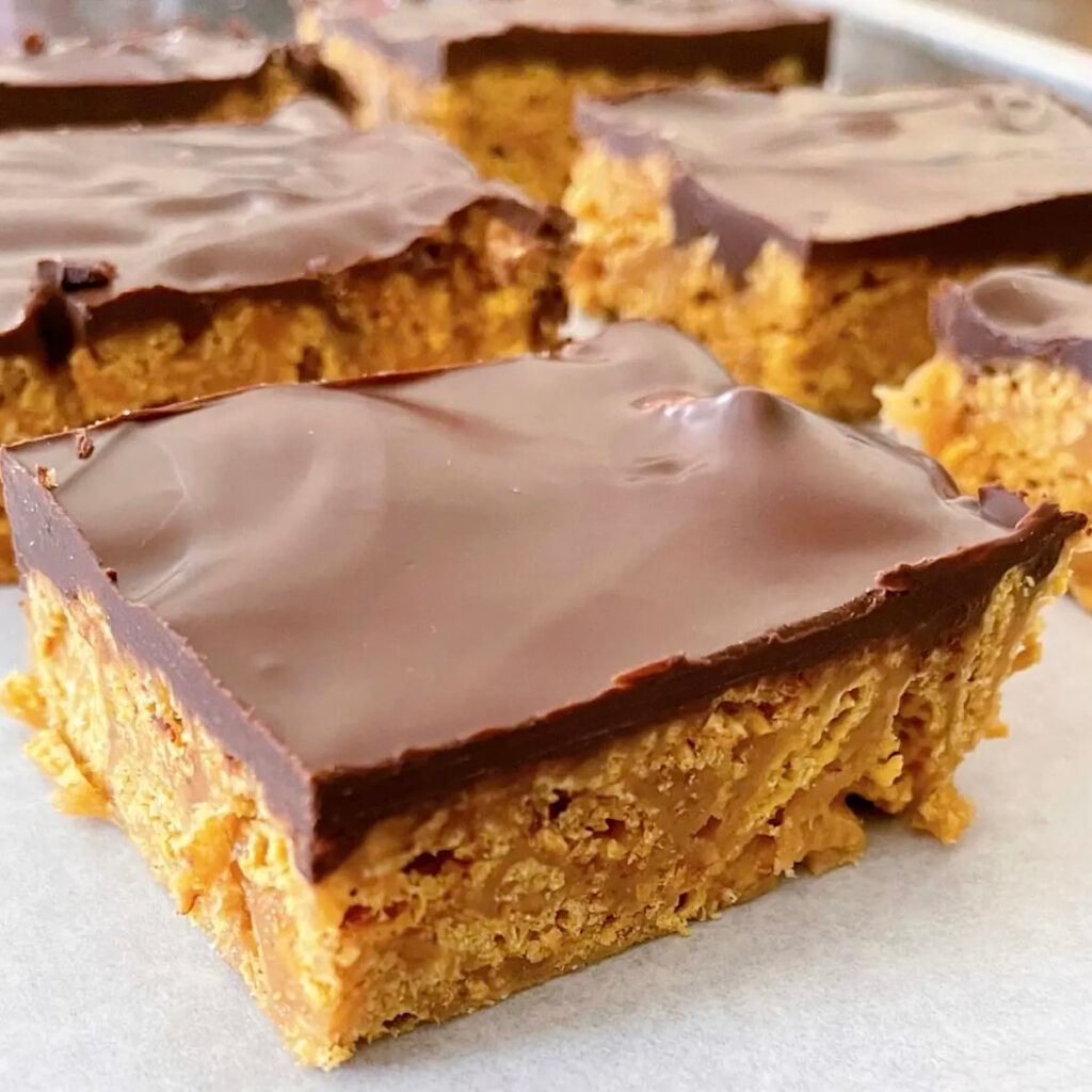 Peanut Butter Chex Bars cut into squares.