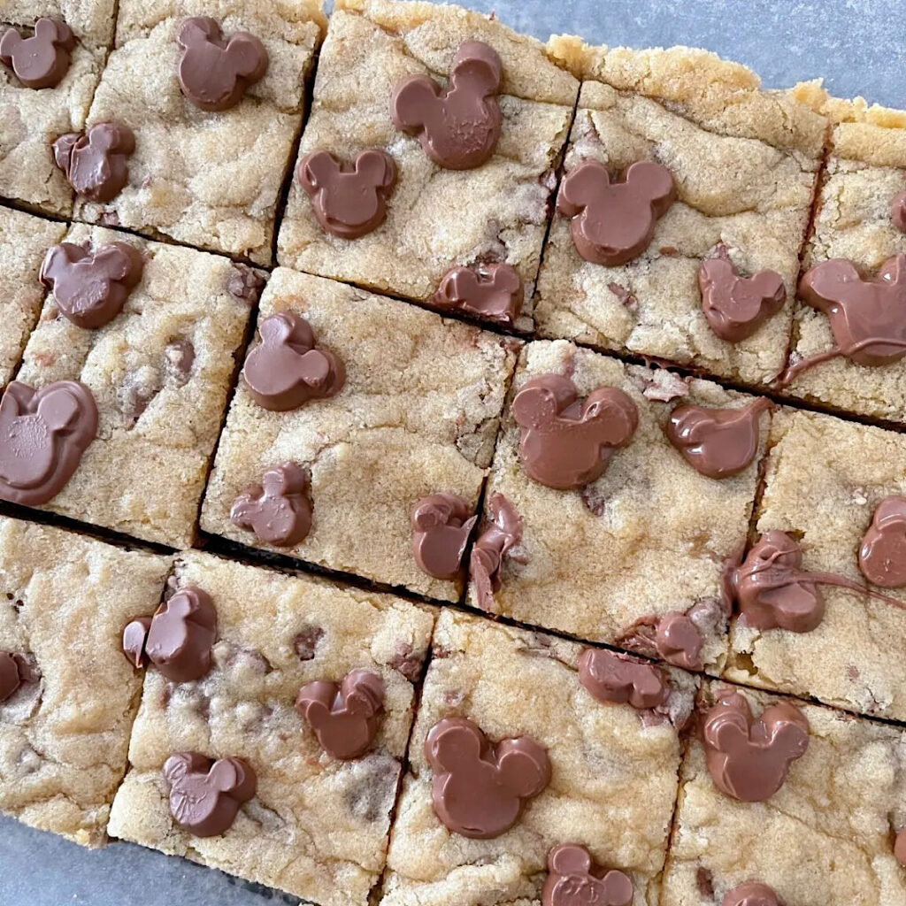 Chocolate Chip Cookie Bars cut into squares.
