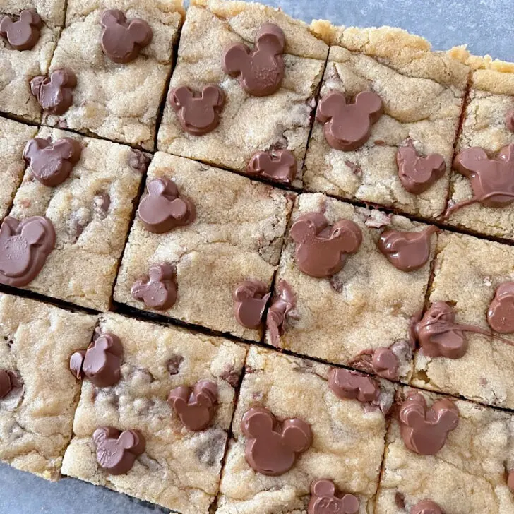 Chocolate Chip Cookie Bars cut into squares.