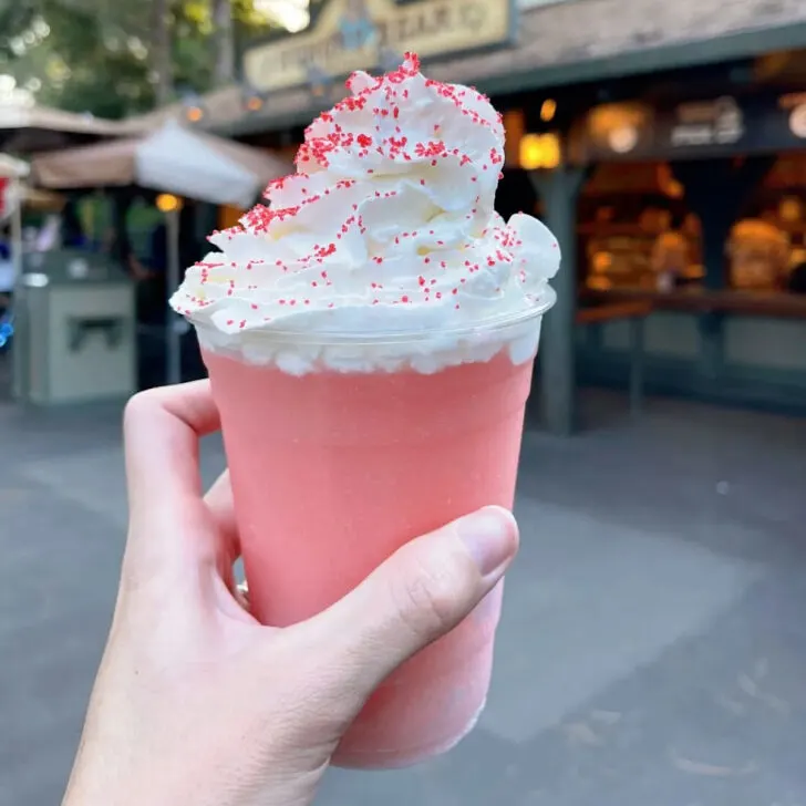 A watermelon lemonade freeze topped with whipped cream from Hungry Bear Restaurant at Disneyland.