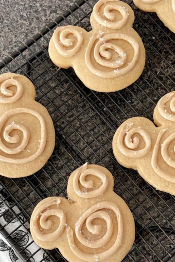 Mickey Churro Sugar Cookies on a wire Rack.