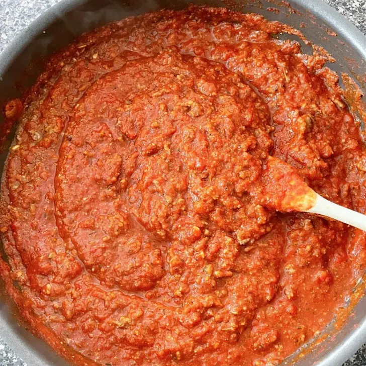 Homemade Spaghetti Sauce in a saucepan.