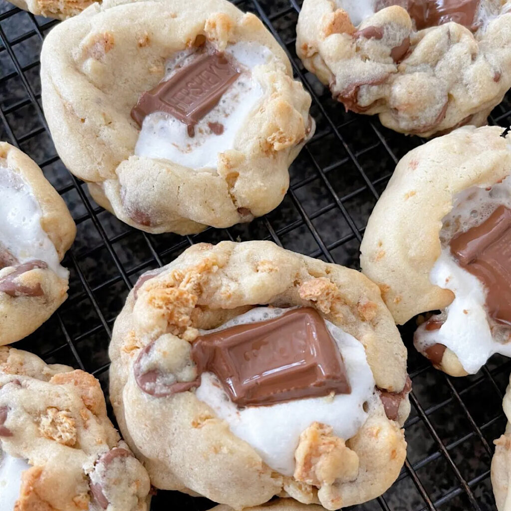 S'mores cookies with marshmallow, graham crackers, and Hershey's Milk chocolate.