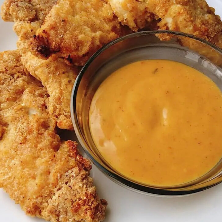 Chicken tenders and a dish of copycat Chick-fil-a sauce.