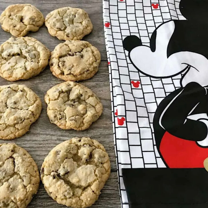 Grand Floridian chocolate chip cookies next to a Mickey Mouse kitchen towel.