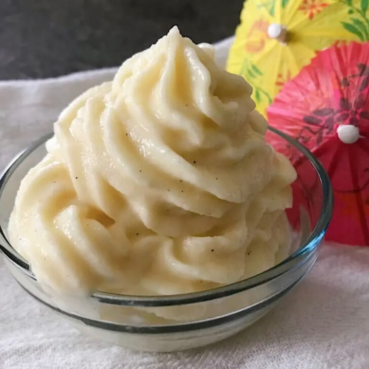 Homemade Dole Whip in a glass bowl.