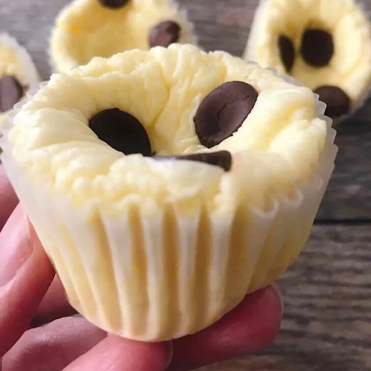 A cupcake sized low carb cheesecake with chocolate chips.