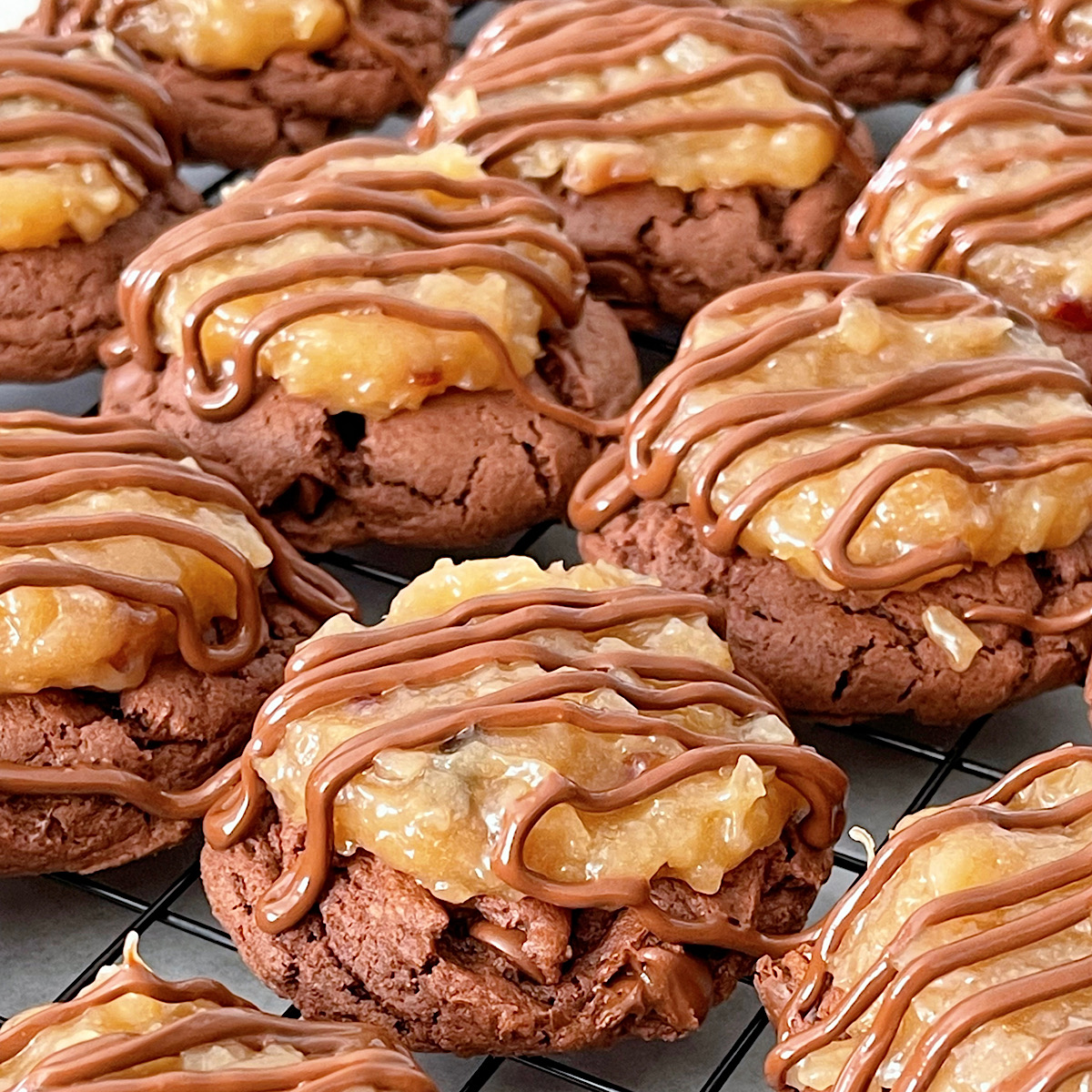 German Chocolate Cookies with coconut pecan frosting and drizzled with chocolate.