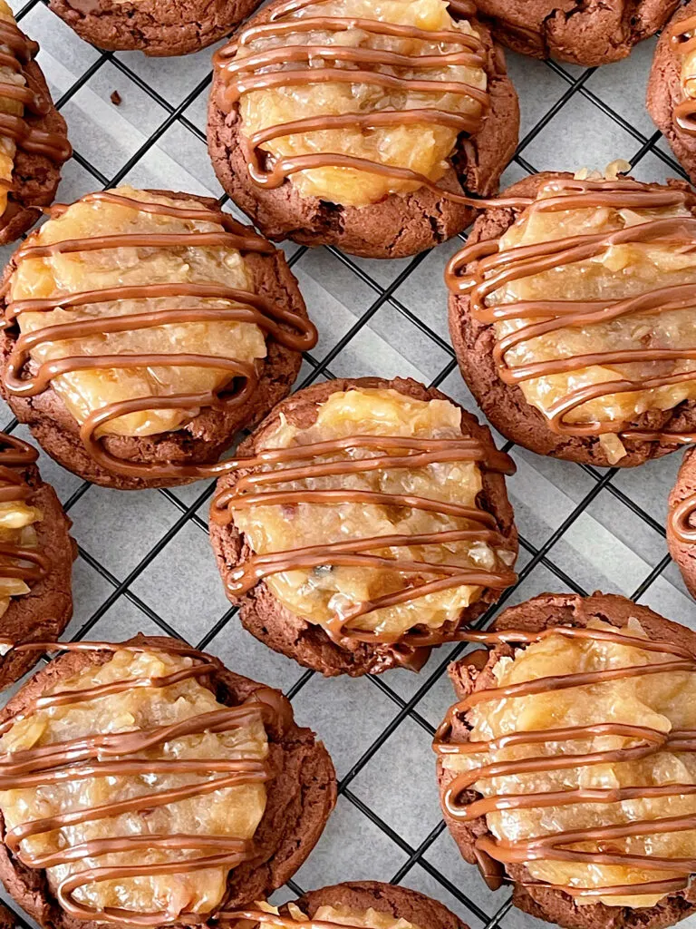 German Chocolate Cookies with coconut pecan frosting and drizzled with chocolate.
