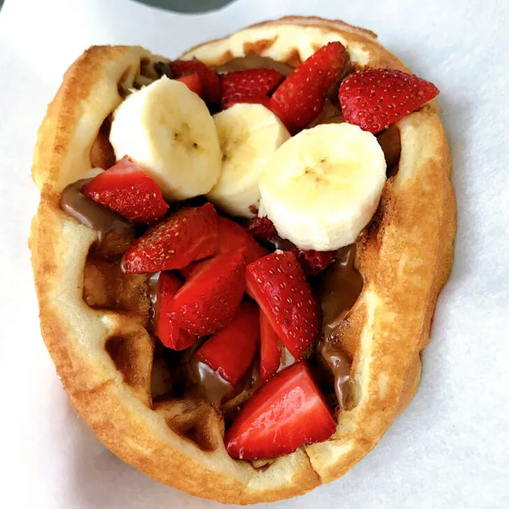 A homemade Disney Fruit Waffle Sandwich with Nutella.
