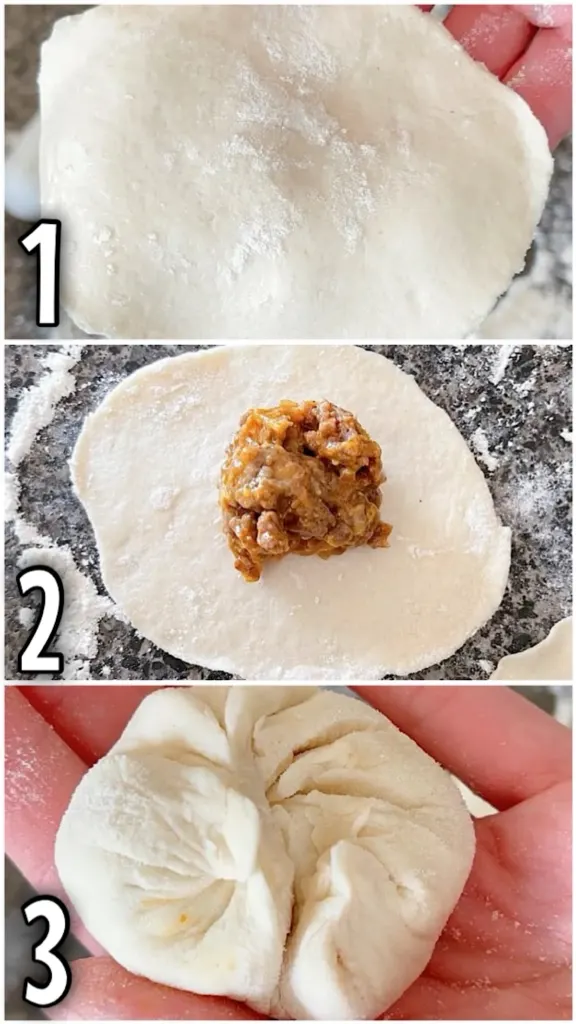 Step one showing a flattened biscuit, step two with meat in the middle, and step three the dough folded into a bao bun.