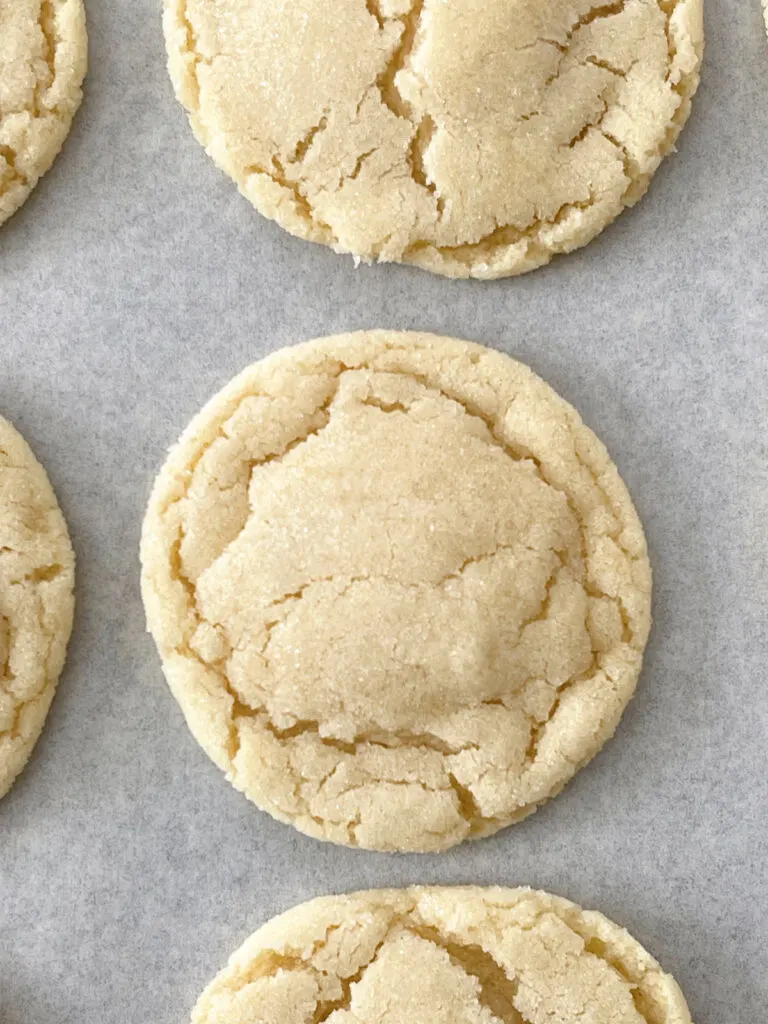 Sugar cookies on a piece of parchment paper.