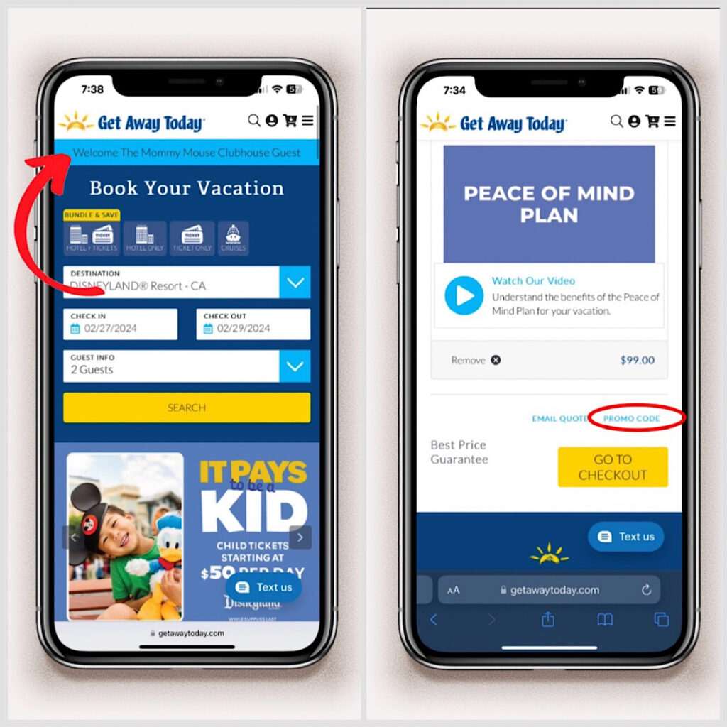 How to book a Disneyland vacation with Get Away Today on two phone screens.