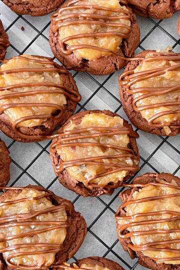 German Chocolate Cookies with coconut pecan frosting and drizzled with chocolate.