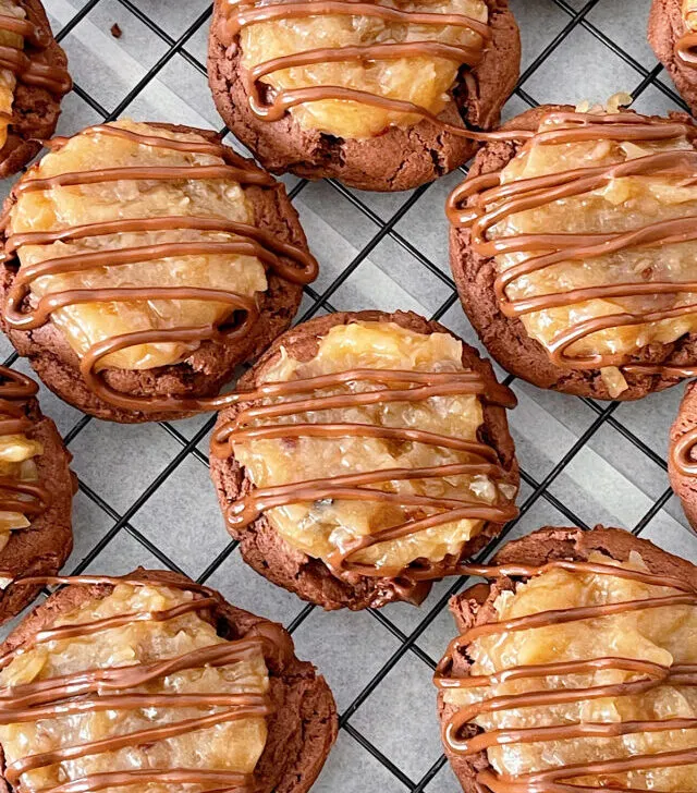 German Chocolate Cookies with coconut pecan frosting and drizzled with chocolate.