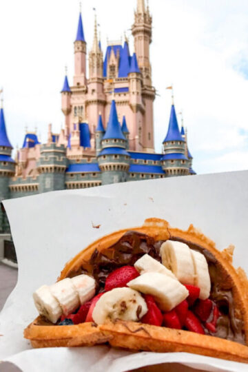 A fruit & Nutella waffle from Sleepy Hollow in front of Cinderella Castle at Disney's Magic Kingdom.