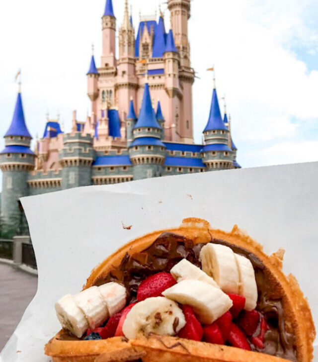 A fruit & Nutella waffle from Sleepy Hollow in front of Cinderella Castle at Disney's Magic Kingdom.