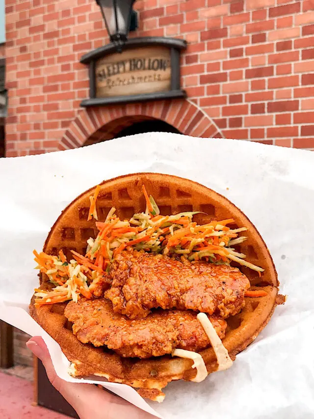 A Spicy Chicken Waffle Sandwich from Sleepy Hollow at Disney World.