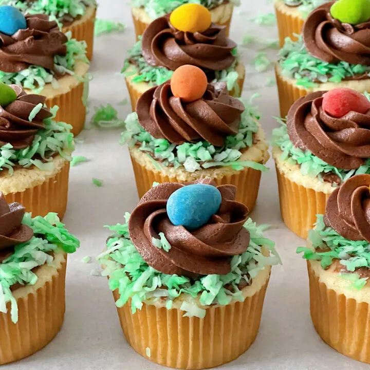 Vanilla cupcakes with green coconut, chocolate frosting and an Easter egg candy.