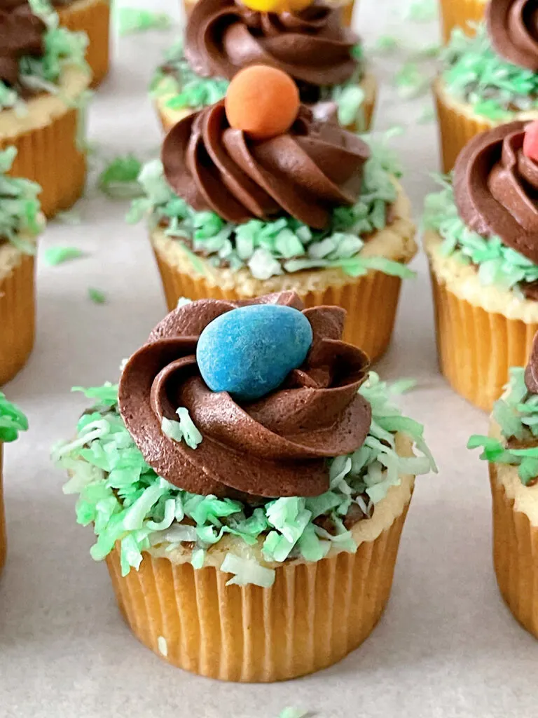 Vanilla cupcakes with green coconut, chocolate frosting and an Easter egg candy.