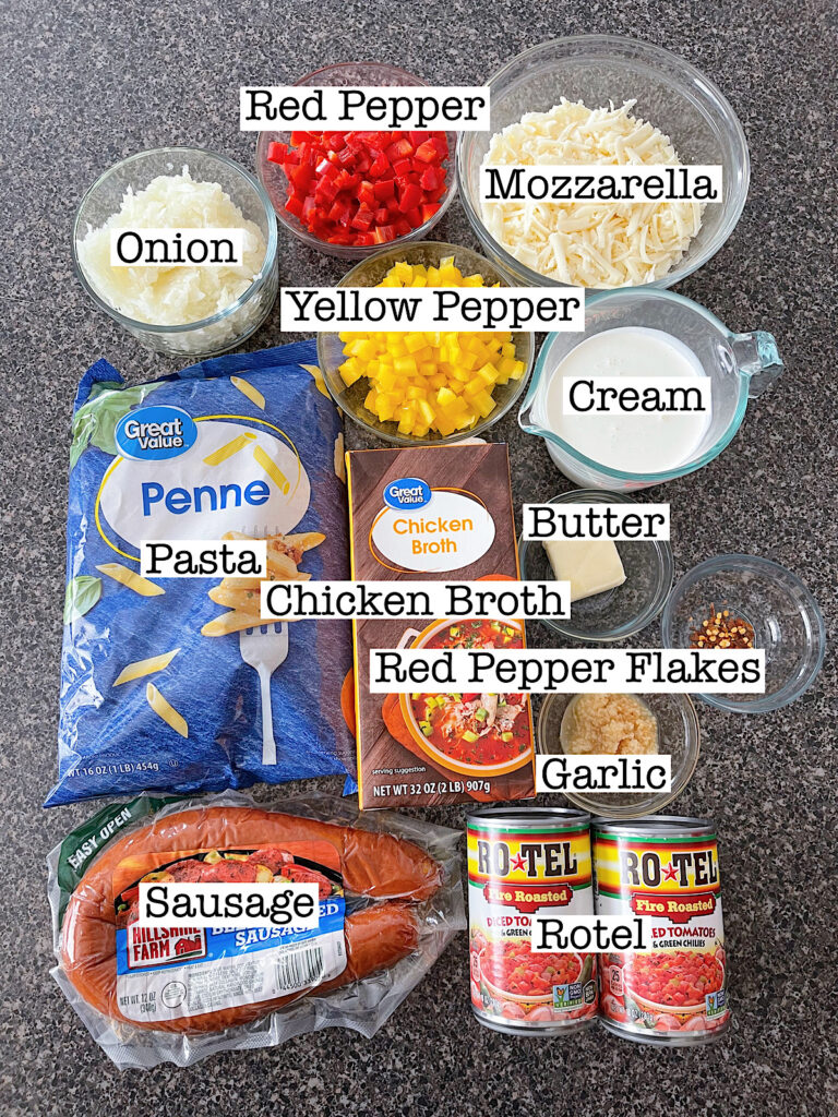 Ingredients to make spicy sausage pasta.