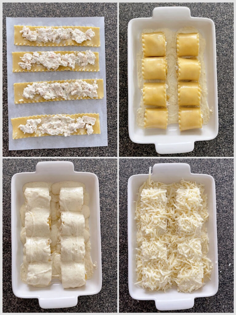 A picture collage showing steps to assemble chicken Alfredo roll ups.