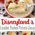 A picture collage of Disneyland's Baked Potato Soup in a Mickey Mouse-shaped soup bowl.