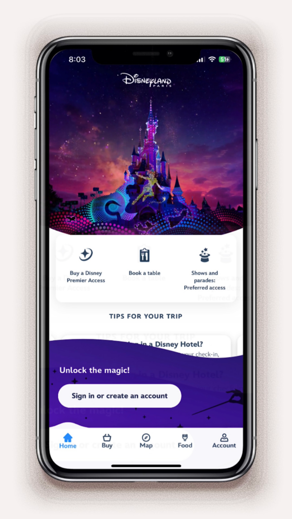A screenshot of the Disneyland Paris app.