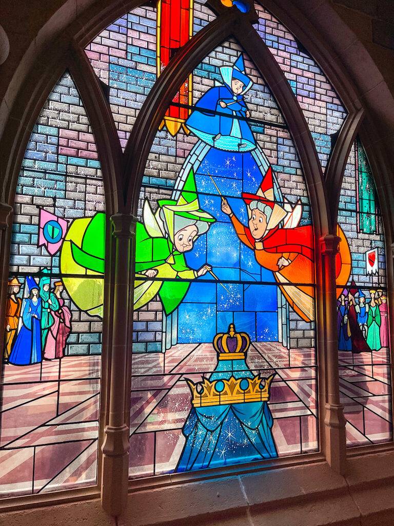 Stained glass window inside Sleeping Beauty Castle at Disneyland Paris.