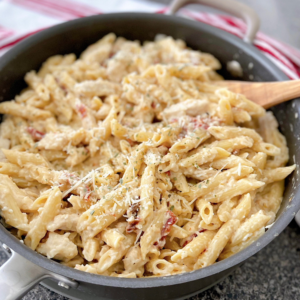 Marry Me Chicken Alfredo in a skillet.