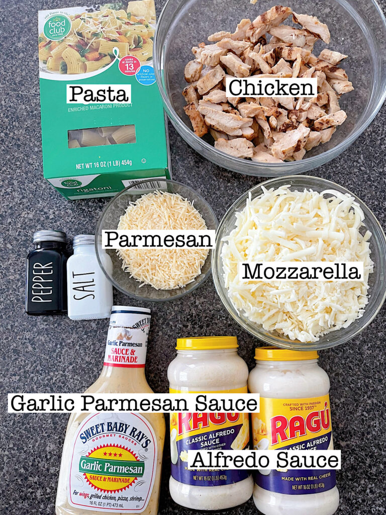 Ingredients to make Garlic Parmesan Chicken Alfredo.