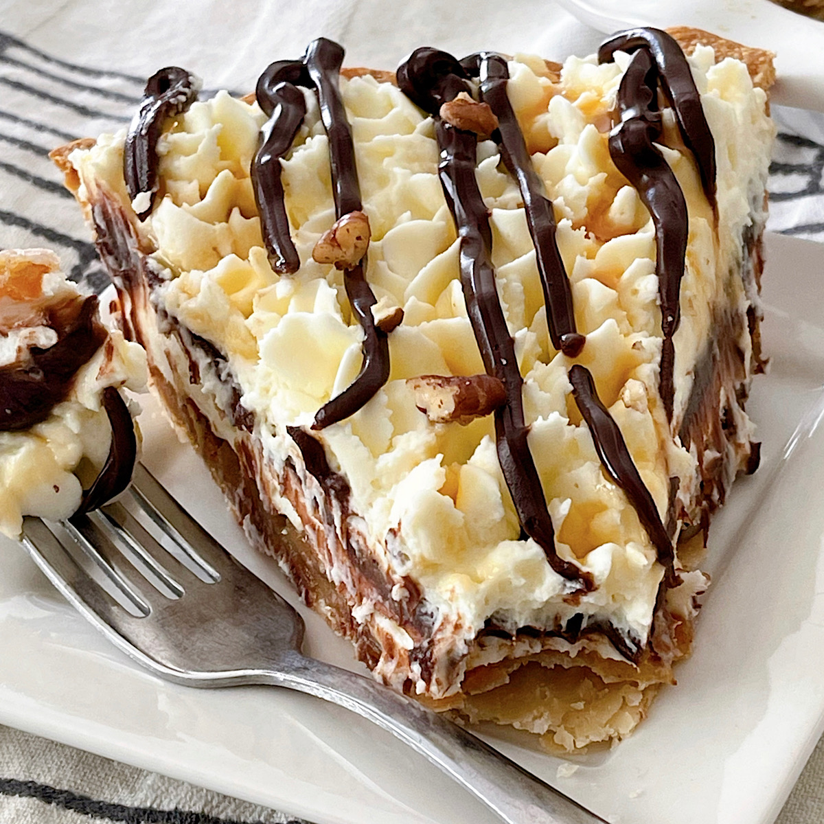 A slice of Caramel Pecan Silk Pie.