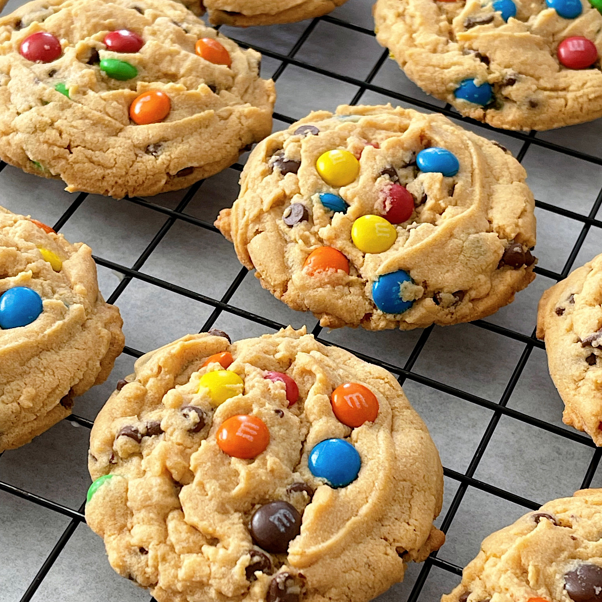 Peanut Butter M&M Cookies on a cooling rack.