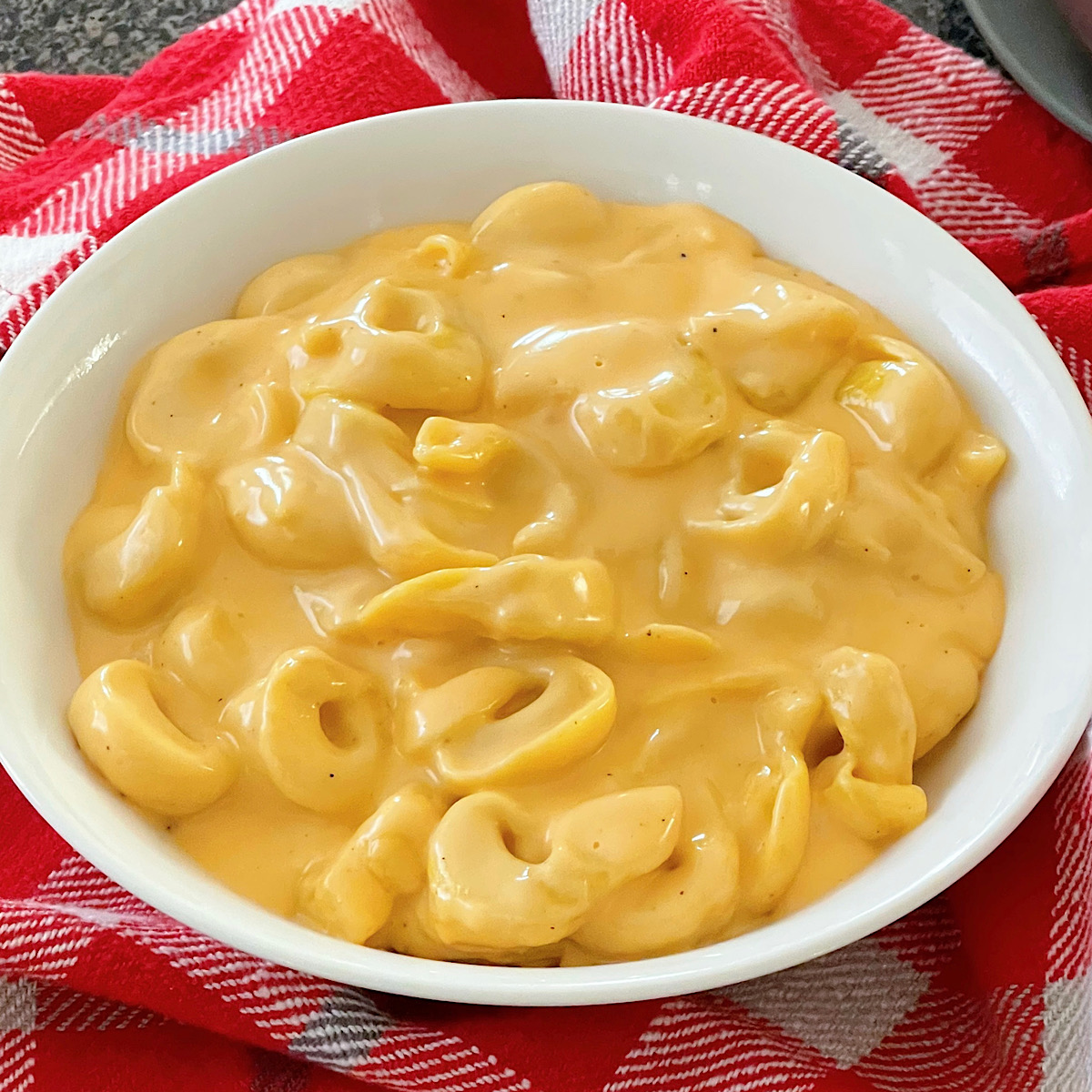 A bowl of Tortellini Mac & Cheese on a red kitchen towel.