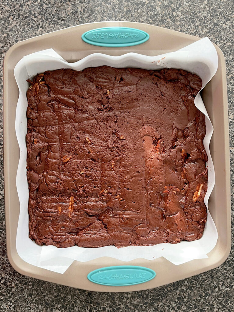 Three ingredient fudge in a square dish.
