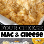 A photo collage of four cheese baked mac and cheese.