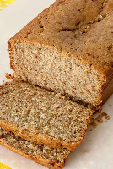 Sourdough banana bread cut into slices.