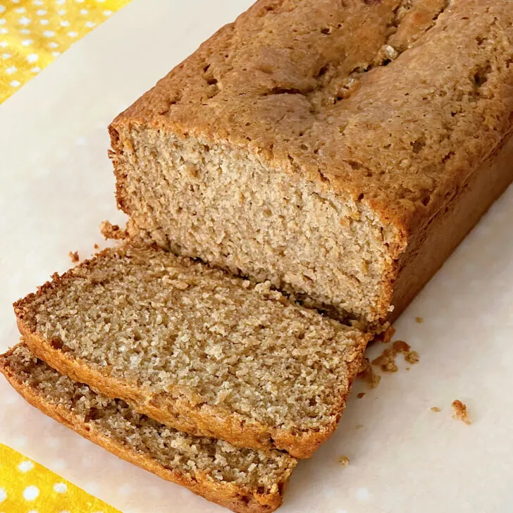 Sourdough banana bread cut into slices.