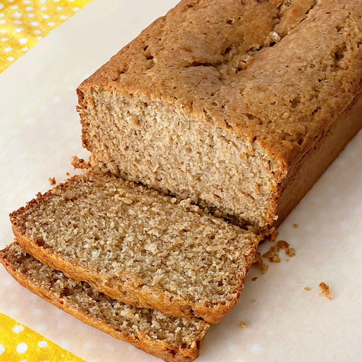 Sourdough banana bread cut into slices.
